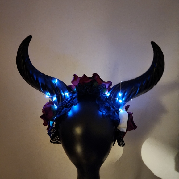 Krampus Horns Straight Up Tall Devil Demon Headband Red Rose Costume Head Piece - Picture 7 of 9